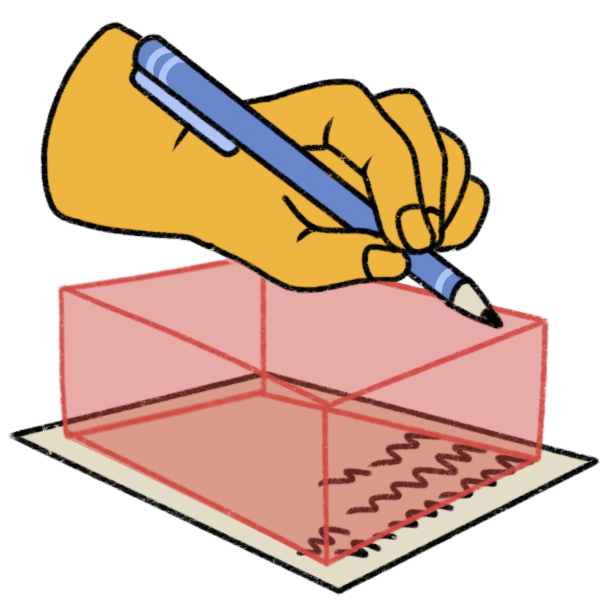 a hand holding a blue pencil resting on top of a semi-transparent red box, which sits on top of a partially written sheet of paper.